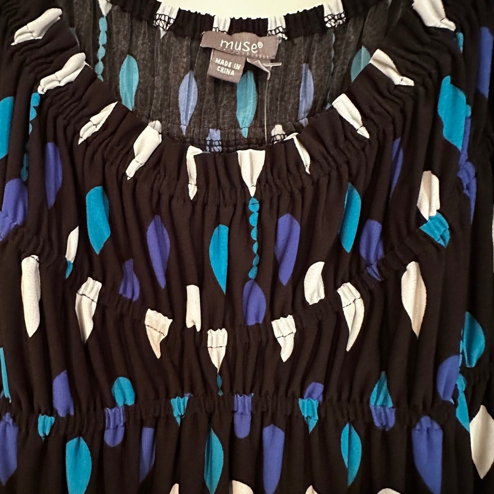 Muse Scoop Neck‎ Geometric Dress Women's 10 Black Blue Career Boho Feminine Y2K - Picture 7 of 12